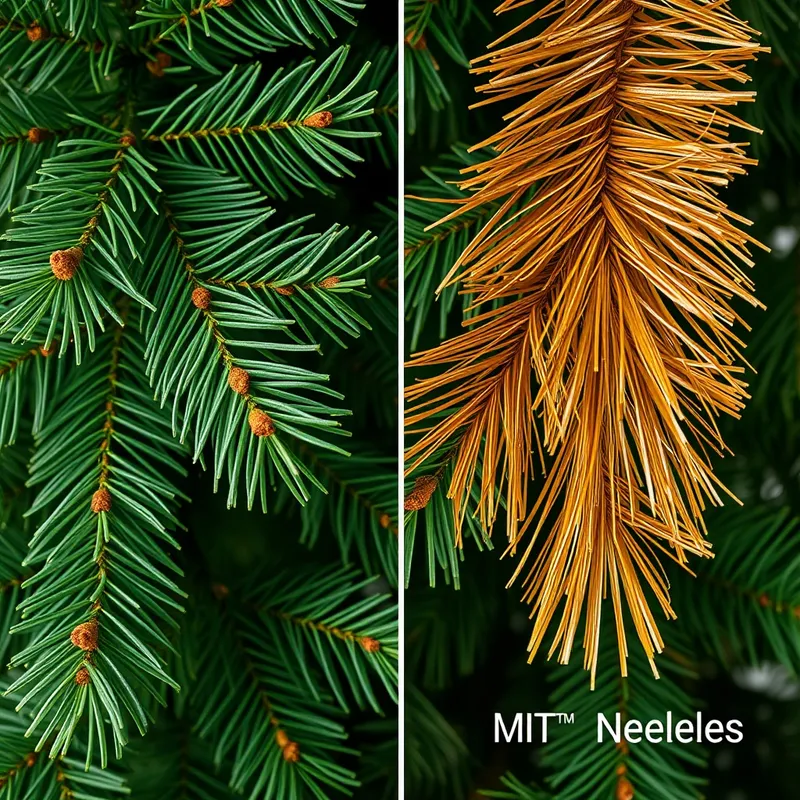 Comparaison macro entre aiguilles PE moulées en relief et aiguilles PVC plates d'un sapin artificiel