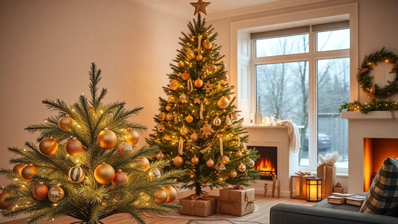 Sapin de Noël artificiel décoré dans un salon chaleureux avec guirlande lumineuse blanc chaud et cadeaux