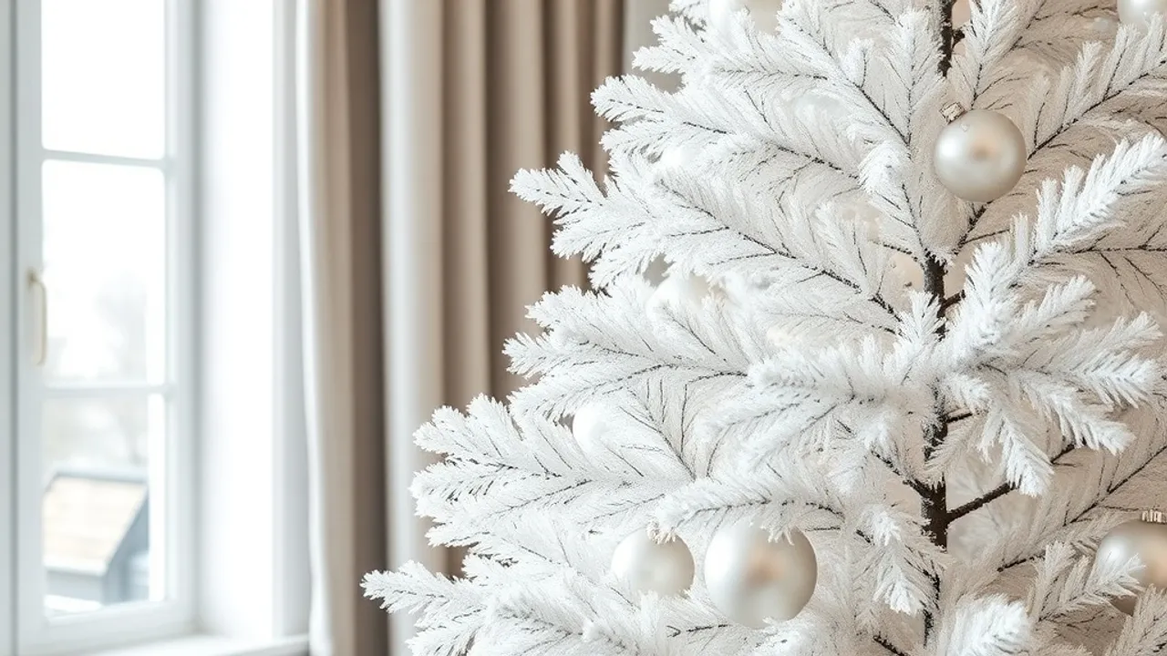 Sapin de Noël artificiel floqué blanc imitant la neige avec décorations argentées près d'une fenêtre