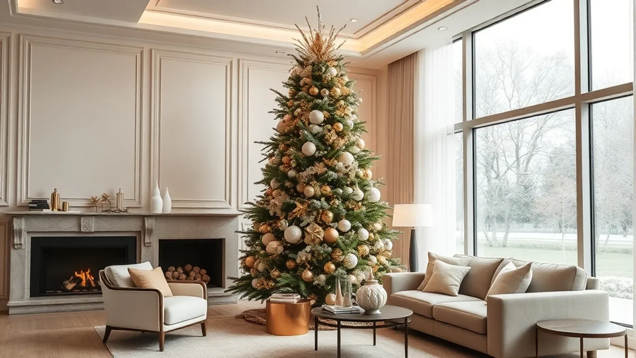 Sapin de Noël artificiel haut de gamme élégant dans un salon raffiné avec décorations dorées et crème